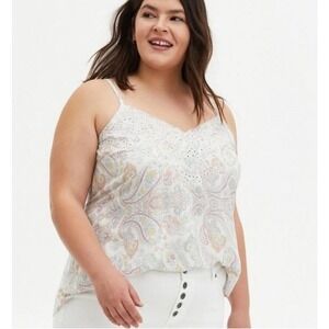 Torrid Paisley Eyelet Lace Trim Cami‎ Top White Multi Plus Size 3 Boho Rayon